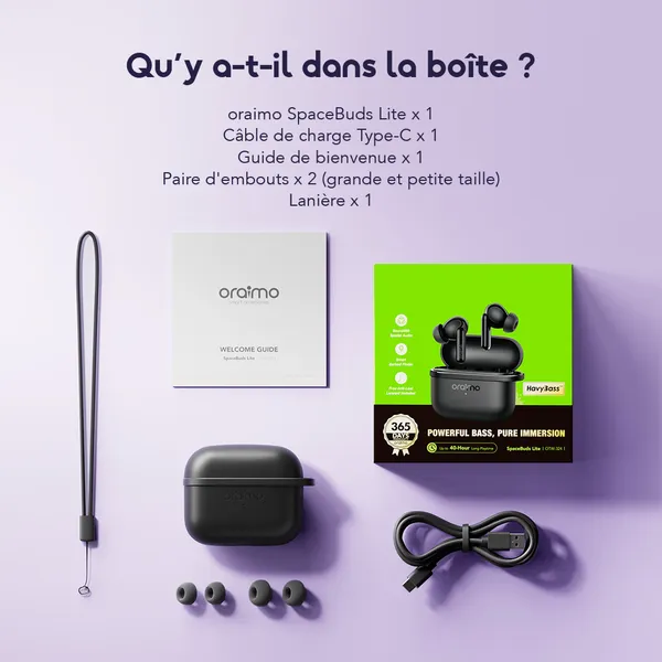 Oraimo SpaceBuds Lite OTW-324 — Écouteurs sans fil | Sound360 (Son Surround) | Fonction Anti-perte | Autonomie 40h | Livraison Gabon | Kadmarket
